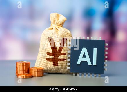 The yen or yuan is a money bag and an AI chip. Investments in artificial intelligence. Business and trading using AI. Technology driven finance transf Stock Photo