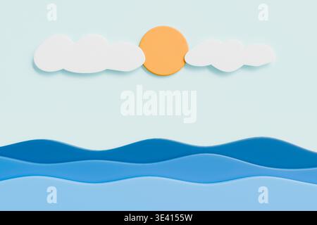 Minimal Paper Cut Style Ocean Waves with Sun and Clouds Background. High quality photo Stock Photo