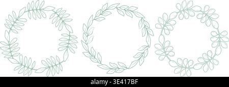 Set of elegant round frames, garlands, wreaths made from branches and leaves. Botanical vector illustration. Hand drawn in black ink. Outline art with Stock Vector
