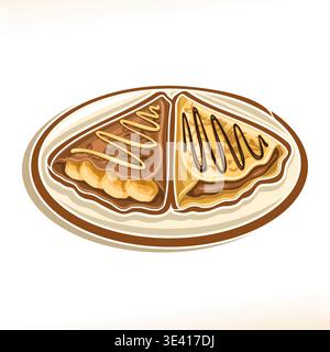 Vector logo for French Crepe, 2 triangle suzette with sliced banana and chocolate spread dessert on plate, pair of fried thin crepes decorated choco Stock Vector
