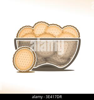 Vector logo for Biscuit, transparent bowl with pile of round crunchy crackers with holes, poster with heap of digestive cookies in clear dish on white Stock Vector
