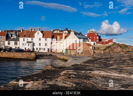 A detailed view of Pittenweem harbour showing colourful historic houses, a stone pier and small fishing boats under clear blue skies and a single fluf Stock Photo
