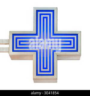 Isolated blue pharmacy cross sign isolated on a white background Stock Photo