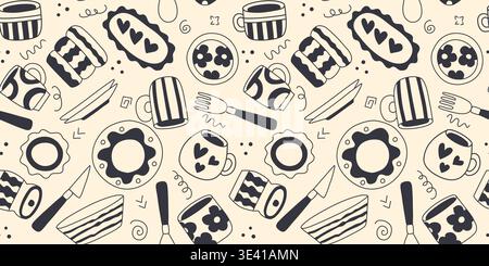 Seamless pattern of kitchen utensils and cutlery in doodle sketch style. Simple hand drawn ink illustrations of plate, mug, cup, glass, knife, fork Stock Vector
