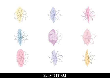 Nine unique abstract floral shapes are drawn with black line art on a white background. Each flower sits over a soft pastel blob in yellow, blue, pink, or purple. Stock Vector