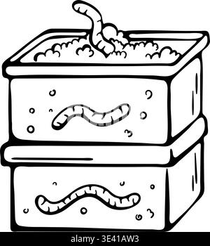 Worm farming and composting vector icon. Hand drawn doodle illustration of vermiculture boxes with earthworms. Stock Vector