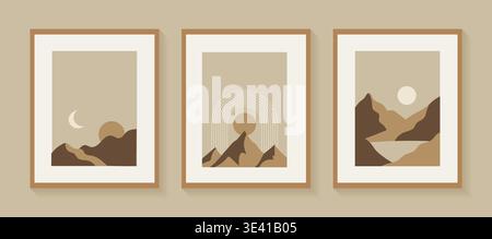 Japandi wall art set with abstract mountain landscapes vector illustration. Stock Vector