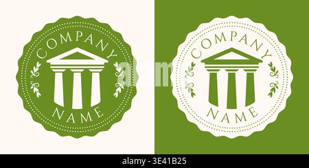 Vintage law firm emblem with greek temple and laurel wreath vector illustration. Stock Vector
