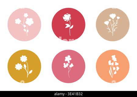 Six white cutout flower illustrations are presented within individual round colored shapes. Each circle shows a unique simple floral design, creating a versatile and elegant graphic set. Stock Vector