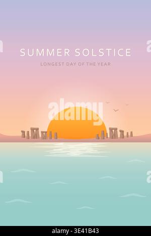 Summer solstice vertical poster with ancient stone circle and sunset vector illustration. Stock Vector