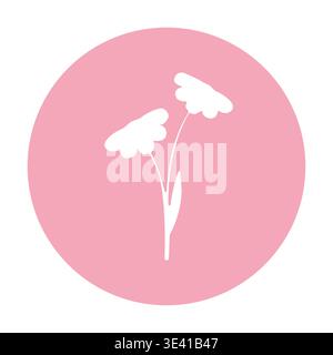 A clean graphic design featuring two white stylized cutout flowers with stems. They are gracefully placed inside a perfect round pink background, creating a minimalist and charming visual. Stock Vector