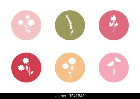 A clean graphic display features six unique white flower cutouts. Each delicate floral silhouette rests within its own distinct pastel colored circle. Stock Vector