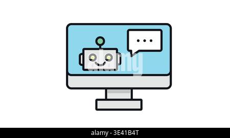 Light color icon of a computer with chatbot symbol and speech bubble. Stock Vector