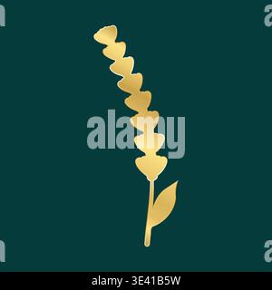 A golden botanical silhouette features a slender stem topped with multiple heart-shaped petals. The rich golden hue shines against the dark teal backdrop, creating a serene and elegant composition. Stock Vector