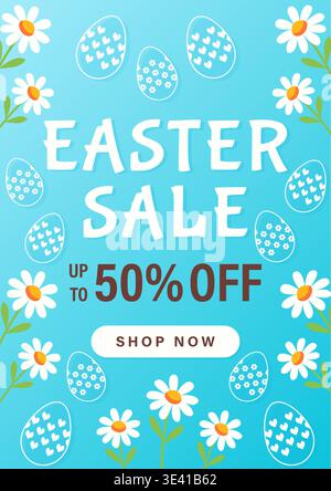 Easter discount flyer with daisies and decorative eggs vector illustration. Stock Vector