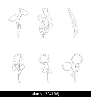 A collection of six unique line art flowers displayed on a clean white background. Stock Vector