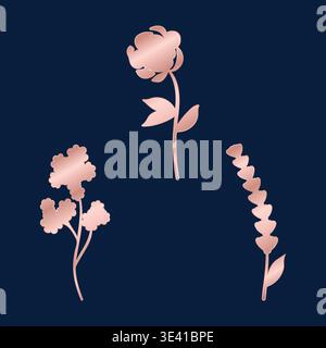 Three elegant rose gold floral elements display a metallic sheen on a deep blue background. Stock Vector