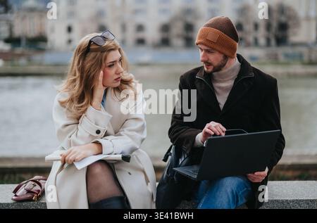 Young couple having a serious outdoor conversation while using a laptop by the riverbank Stock Photo