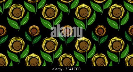Ornament of yellow green flowers on black background. Horizontal repeating rows of sunflowers. Summer floral seamless pattern in country style. Floral Stock Vector