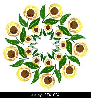 Round sunny vector design element of sunflowers Stock Vector