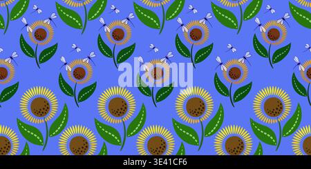 Seamless pattern flowers and dragonflies on blue Stock Vector