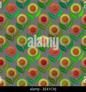 Seamless pattern bright colorful flowers on dark gray background. Summer floral design Stock Vector