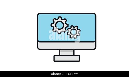 Desktop computer icon with gears or wheels, PC monitor settings and system optimization Stock Vector