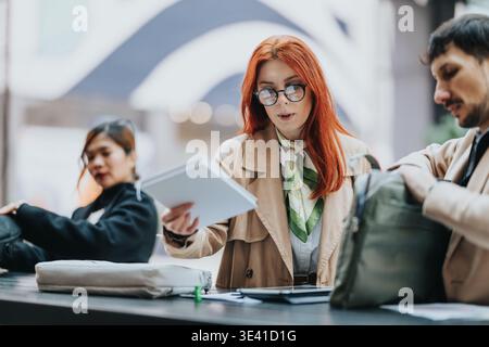 Red-haired business worker reviewing documents with colleagues at a casual coworking counter Stock Photo