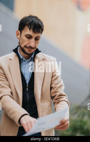 Businessman reading documents outdoors in a beige coat looking thoughtful during workday Stock Photo