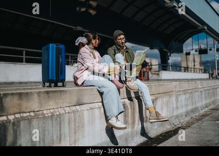 Young tourists sitting at train station reading a map with blue suitcase and casual outfits Stock Photo