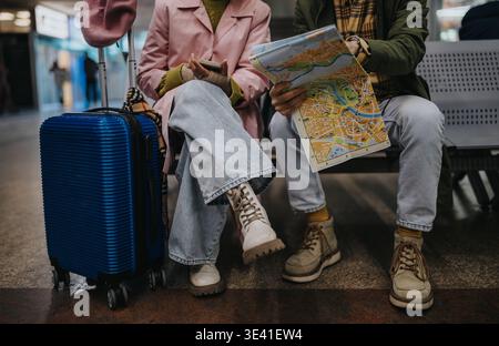 Two tourists sitting in an airport with map and blue suitcase planning their trip Stock Photo