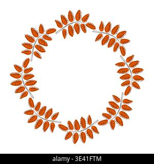 Circular wreath of orange autumn Rowan leaves in flat style on white background. Decorative botanical frame for seasonal cards, invitation and nature Stock Vector