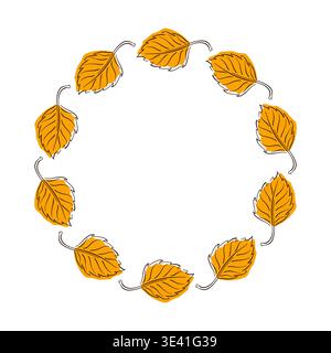 Circular frame of orange Birch leaves in flat style isolated on white background. Decorative botanical wreath for autumn card, invitation and nature Stock Vector