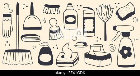 Sanitary accessories and household cleaning chemicals doodle sketch style. Hand-drawn set of home cleaning accessories - wipes, powder, spray, clean Stock Vector