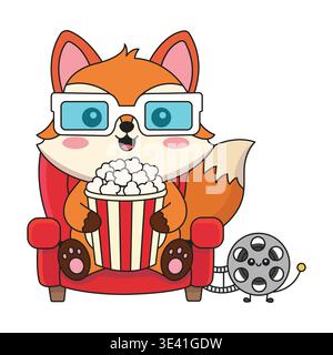 Cute Fox Character Watching Movie with Popcorn and Wearing Cinema Glasses Flat Vector Illustration Stock Vector