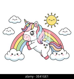 Cute White Unicorn Character Flying over Colorful Rainbow with Happy Smiley Clouds and Sun Illustration Stock Vector