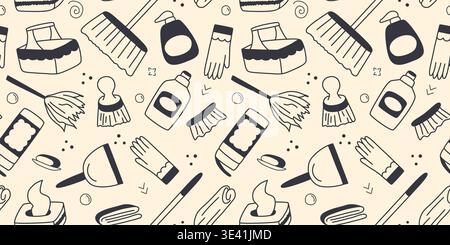 Sanitary accessories and household chemicals doodle seamless pattern. Background with household cleaning products: wipes, powder, spray, detergent Stock Vector