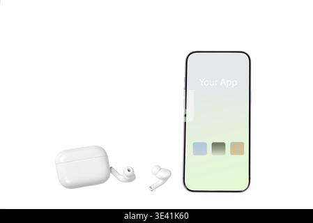 Minimal smartphone mockup with wireless earbuds on white background Stock Photo