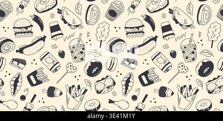 Seamless street food pattern in doodle sketch style. Hand-drawn ink fast food on beige background. Print of takeaway food, drinks, desserts and snacks Stock Vector