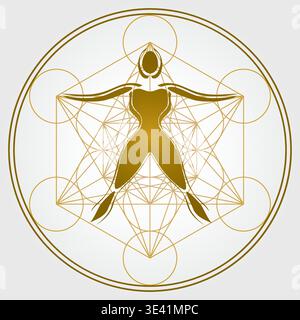 Sacred Geometry Human Figure with Metatron Cube – Spiritual Balance Illustration - Vector Design Golden Colors Stock Vector