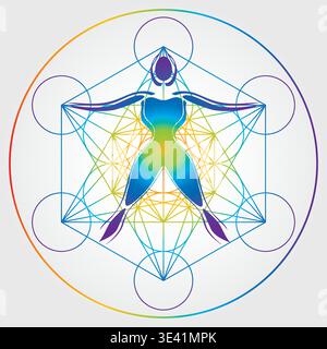 Sacred Geometry Human Figure with Metatron Cube – Spiritual Balance Illustration - Vector Design Rainbow Colors Stock Vector