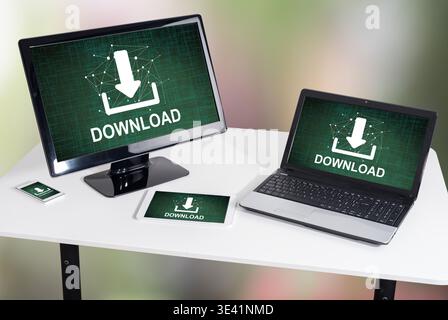 Download concept shown on different information technology devices Stock Photo