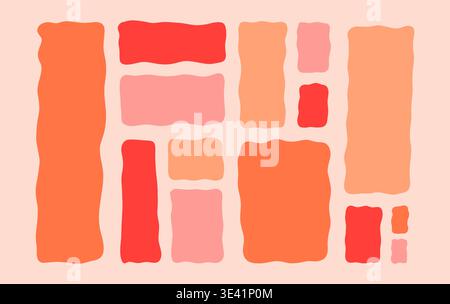 Wavy rectangle shapes in various shades of orange, pink, and red, arranged in a playful, abstract pattern on a soft pastel pink background, creating a modern and vibrant design. Stock Vector