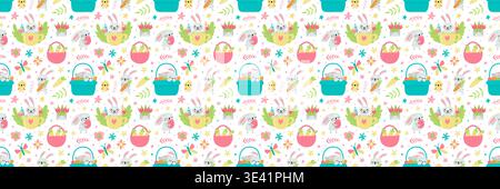 Seamless cute Easter pattern with bunnies, baskets, eggs, flowers and carrots. Pastel spring background with hand drawn elements. Perfect for fabric, wrapping paper, kids, textile and holiday decor. Stock Vector