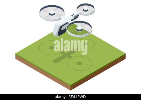 Isometric tri rotor drone hovering above grassy platform. Minimal unmanned aircraft, aerial technology, modern robotics, remote control flight Stock Vector
