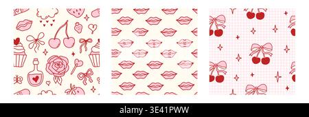 Coquette seamless pattern set with lips, cherries, bows, hearts and sweet icons in red and pink tones. Cute hand drawn girly background for Valentines Day, packaging, textiles and romantic designs. Stock Vector