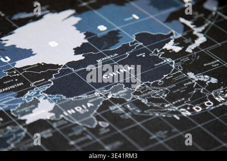 Close-up Map of China and East Asia in a Dark Style Stock Photo