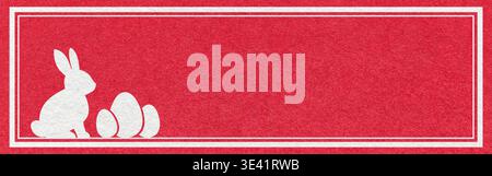 Easter website header banner with white bunny and eggs silhouette on red textured paper background with copy space. Stock Photo