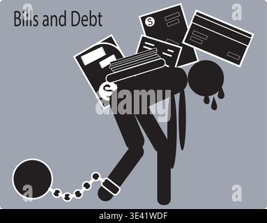Debt crisis scene with person chained to financial burden struggling under bills loans and money pressure Stock Vector