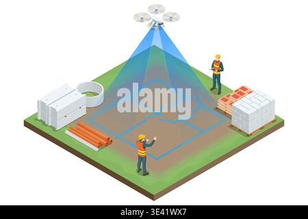 Isometric drone scanning a construction site with workers and building materials. Survey technology scene shows aerial mapping, land measurement Stock Vector